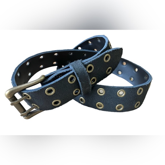 Suede Reversible Black Solid Leather Hole Grommet/ Eyelets Belt Brass Hardware - Picture 2 of 3